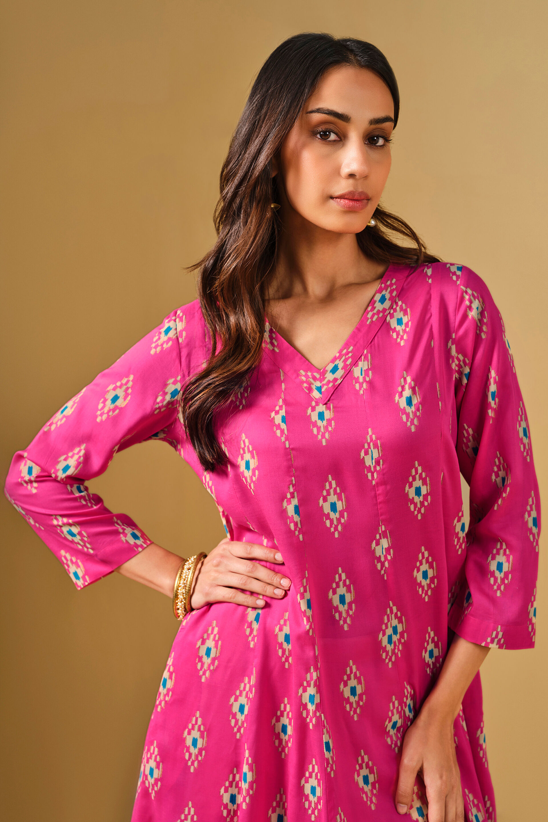 Ikat Inspired Pink Viscose Kurta, Pink, image 5